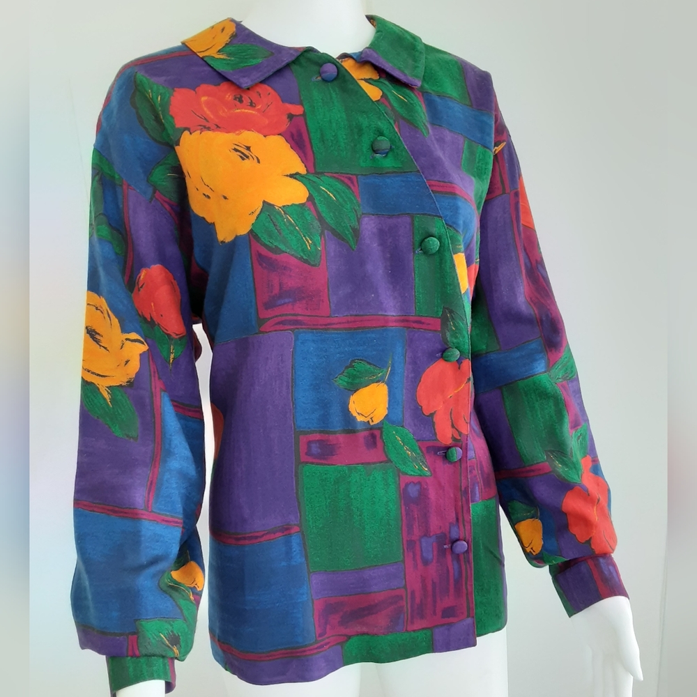 VTG ALEXANDER CAMPBELL WOOL BOLD FLORAL PRINT BLOUSE SZ 10
